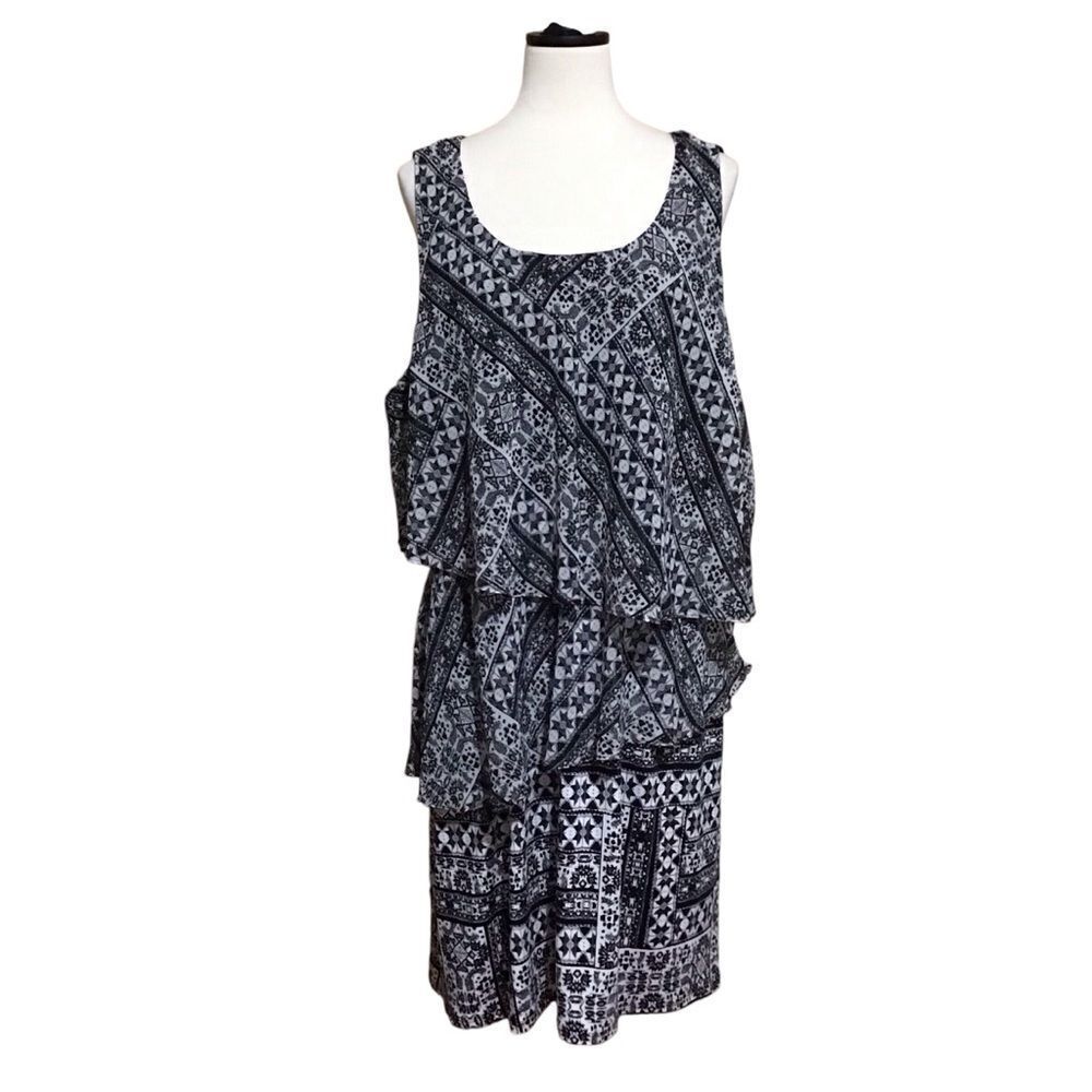 Relativity‎ Black White Tiered Geometric Sleeveless Dress 3X NWT